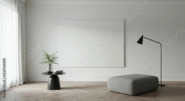 Fototapeta Minimalist living room, white brick wall, gray modular sofa, black floor lamp, round side table, hardwood flooring, natural light, empty wall space, modern interior design, monochromatic color scheme,