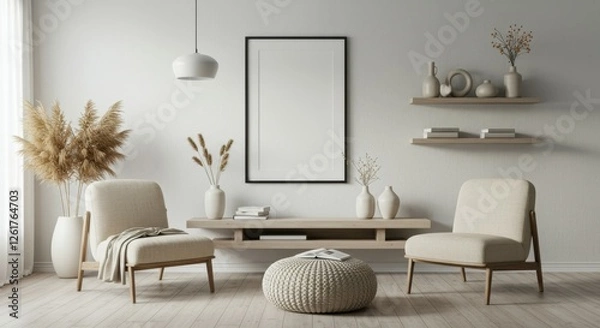 Obraz Minimalist living room, neutral tones, beige armchairs, round coffee table, pampas grass decor, floating shelves, framed art, pendant light, cozy atmosphere, Scandinavian design, textured rug, soft te
