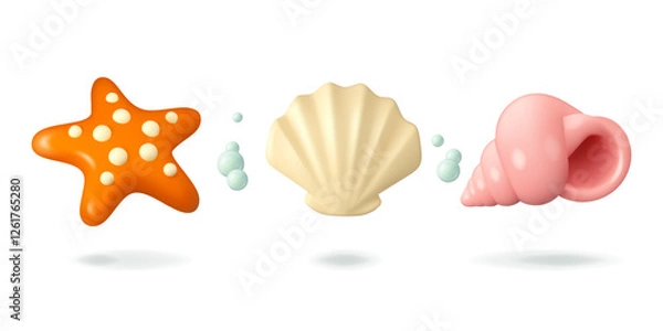 Fototapeta Shell and starfish vector 3d icon set. Cartoon sea life design elements with water bubbles isolated on white background.