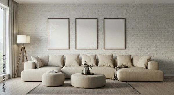 Fototapeta Modern minimalist living room, neutral colors, beige sofa, round coffee table, tripod floor lamp, large windows, natural light, empty picture frames, wooden floor, cozy interior design, contemporary d