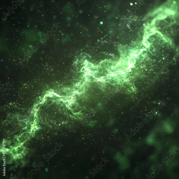 Fototapeta Glowing green nebula plasma cloud galactic space energy effect with cosmic dust in dark universe