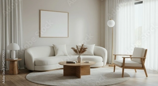 Fototapeta Minimalist living room, Scandinavian design, neutral color palette, curved white sofa, wooden coffee table, beige armchair, round cream rug, pendant light, table lamp, white walls, framed artwork, pot