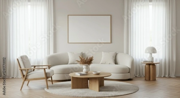 Obraz Minimalist living room, Scandinavian design, neutral color palette, curved white sofa, wooden coffee table, beige armchair, round cream rug, pendant light, table lamp, white walls, framed artwork, pot
