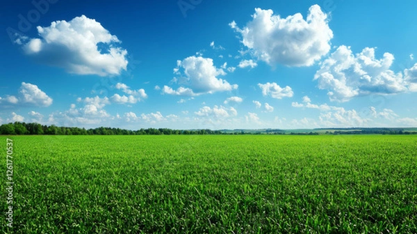 Fototapeta Green meadow with white fluffy clouds in bright blue sky, panoramic summer landscape with vivid horizon line and copy space