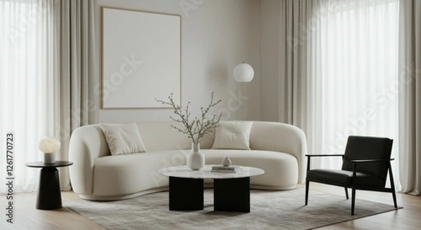 Fototapeta Minimalist living room, curved cream sofa, black accent chair, round white coffee table, spherical pendant light, white curtains, neutral color palette, modern interior design, clean lines, sculptural
