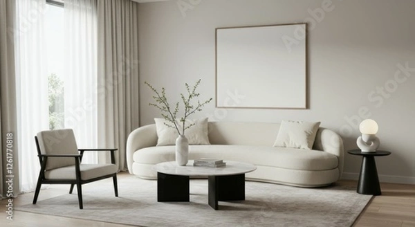 Fototapeta Minimalist living room, neutral tones, curved white sofa, black accent chair, round coffee table, white vase with branches, table lamp, large window with sheer curtains, empty picture frame, monochrom