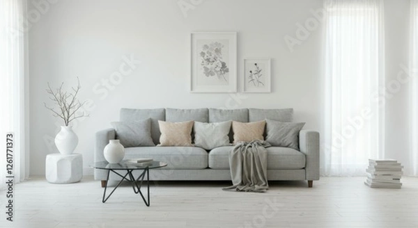 Fototapeta modern minimalist living room, light gray sofa, white walls, round glass coffee table, white curtains, framed artwork, potted plant, monochromatic color scheme, natural light, clean lines, elegant int