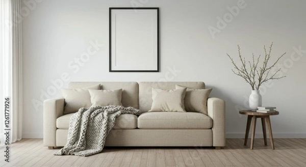 Fototapeta Minimalist living room, beige sofa, white walls, empty picture frame, side table with lamp, decorative branches, throw blanket, neutral tones, cozy interior, modern design, natural light, clean lines,