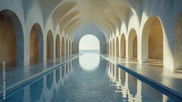 Fototapeta Swimming pool tunnel with arched hallway reflection in luxury spa resort water mirror