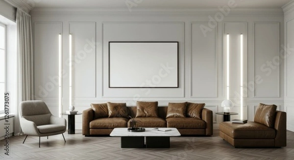 Fototapeta Elegant living room, neoclassical interior design, white paneled walls, large leather sofa, modern armchair, black coffee table, minimalist decor, vertical light fixtures, empty picture frame, muted c