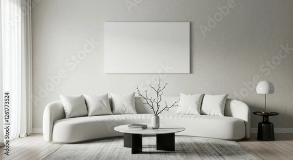 Fototapeta minimalist living room, curved white sofa, round black coffee table, arc floor lamp, large blank canvas, bare tree branches in vase, monochromatic palette, textured wall, modern interior design, clean