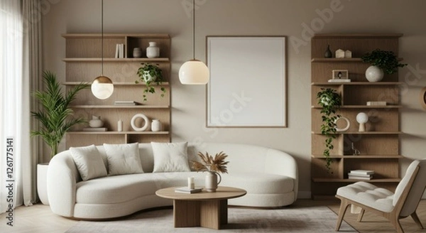 Fototapeta Modern minimalist living room, curved white sofa, wooden shelving unit, neutral color palette, round coffee table, potted plants, beige walls, natural light, cozy interior design, Scandinavian influen