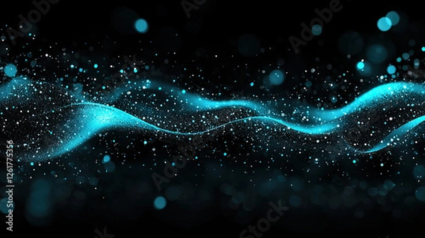 Fototapeta Blue digital particles wave flow, Digital cyberspace abstract background with glowing effects and tech-inspired design.
