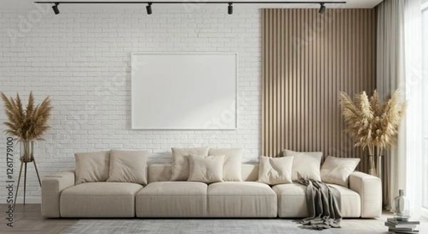 Fototapeta Modern minimalist living room, white brick wall, beige L-shaped sofa, wooden slat accent wall, large potted plant, dried pampas grass, track lighting, empty picture frame, neutral color palette, cozy 