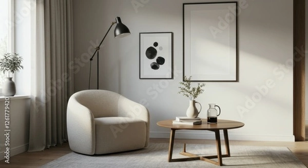Fototapeta Minimalist living room, curved beige armchair, wooden round coffee table, floor lamp, framed mirror, white curtains, large window, natural light, beige rug, neutral color palette, contemporary interio