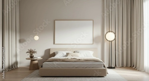 Fototapeta Minimalist bedroom interior, neutral tones, beige and cream colors, large upholstered headboard, white bedding, curved floor lamp, abstract wall art, curtains, cozy atmosphere, soft lighting, contempo