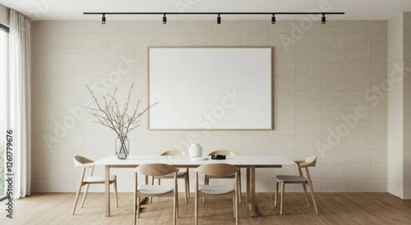 Fototapeta Modern minimalist dining room, white brick wall, large blank canvas, wooden dining table, mid-century chairs, track lighting, ceramic vases with branches, neutral color palette, open space, contempora