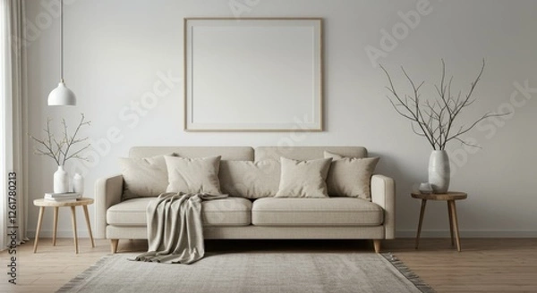 Fototapeta Minimalist living room, neutral color palette, beige sofa, white walls, blank frame above couch, decorative tree branch, side tables, throw pillows, cozy blanket, natural light, clean lines, modern de
