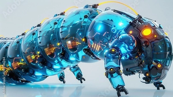 Fototapeta Cybernetic Centipede: A futuristic, chrome-plated centipede robot with glowing orange eyes and sleek, segmented body, rendered in high-resolution 3D graphics. This image evokes themes of innovation.
