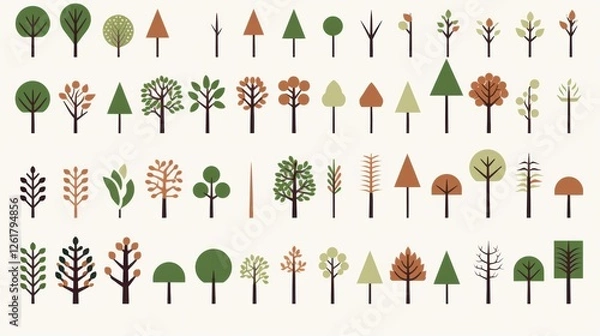 Fototapeta Diverse Collection of Stylized Tree Illustrations Set Against a Cream Background for Graphic Designs