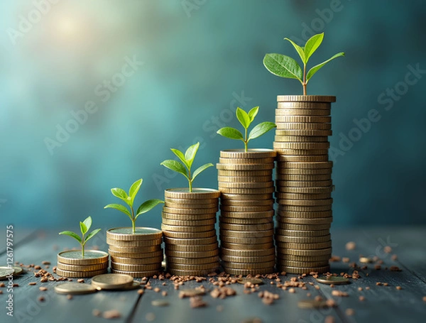 Obraz Step by step concept. financial growth leads to wealth. Plant growing from a pile of coins for long-term investment growth concept.