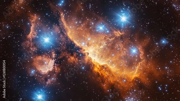 Fototapeta Stunning cosmic nebula with glowing blue and orange gas clouds, surrounded by bright stars in deep space, creating a mesmerizing celestial view.