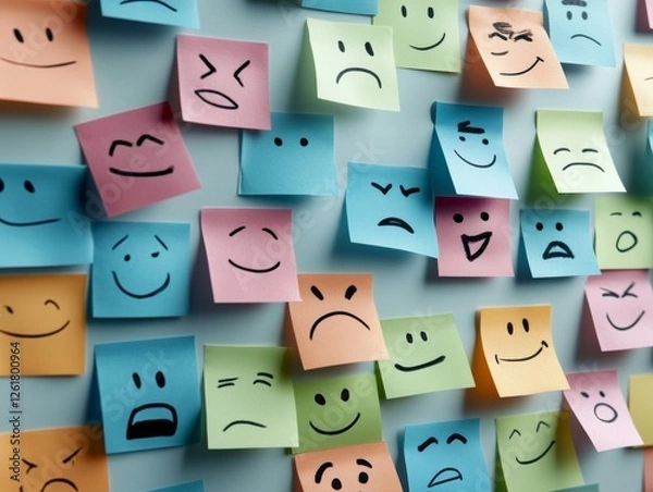 Fototapeta Wall of Colorful Sticky Notes with Expressive Faces and Emotions

