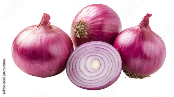 Obraz A group of various onions—red, yellow, and white—arranged together on transparent png background. Ai generated