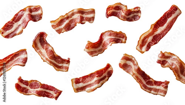 Fototapeta Crispy bacon strips arranged in various positions, showcasing their rich color and texture.