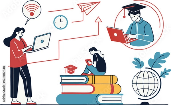 Fototapeta Online education concept. Set of Vector illustration of education, learning, back to school, online course and training, distance education and e-learning.