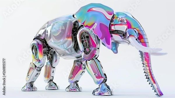 Fototapeta Chrome Elephant Robot: A futuristic, iridescent chrome elephant robot stands majestically, its polished surface reflecting a spectrum of vibrant colors.  The intricate mechanical details are visible.