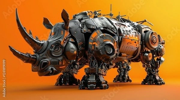 Fototapeta Mechanical Rhino:  A futuristic, metallic rhinoceros, crafted with intricate details, stands imposingly against an orange backdrop. This 3D rendered image is a perfect blend of power and technology.
