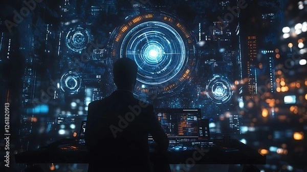 Fototapeta A futuristic CEO analyzing data on a holographic interface, overlaid with interconnected global business networks, deep blue cyber lighting, hyper-realistic textures, cinematic glow. --ar 16:9