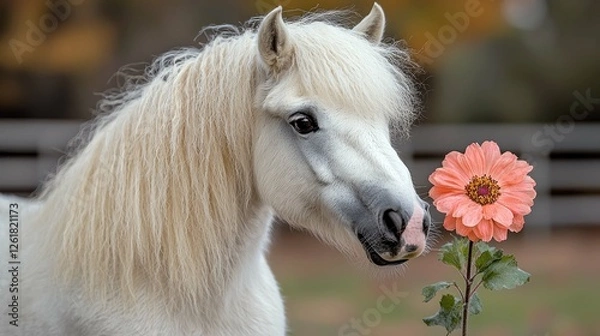 Fototapeta Close-up of a white pony with soft mane, gently smelling a delicate peach dahlia flower. A captivating portrait of equine beauty in nature.