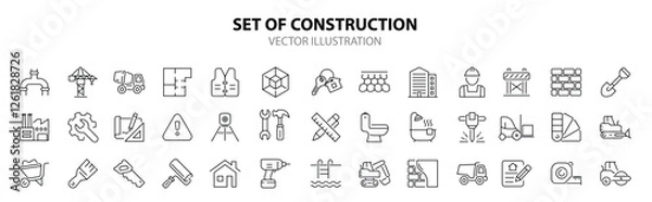 Fototapeta Construction set of web icons in line style. Building and construction icons for web and mobile app. Home repair, crane, building, tools, land, excavator, contractor, builders. Vector illustration