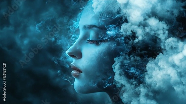 Fototapeta Abstract painting of a woman's face surrounded by clouds, dreamy, surreal, ethereal, artistic
