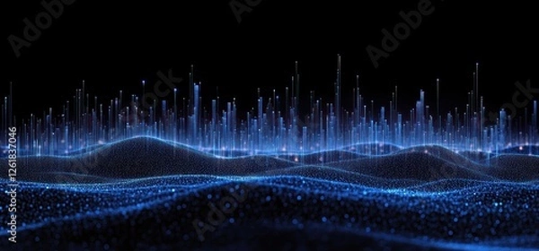 Fototapeta Digital Landscape:  A mesmerizing visualization of data streams forming a futuristic cityscape over a particle wave landscape.