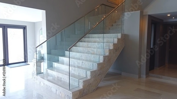 Fototapeta A Sleek Glass Railing Staircase with Elegant Stone Steps