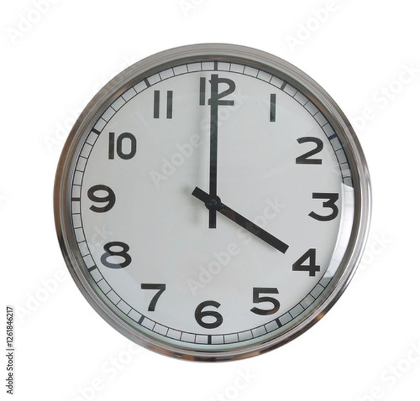 Obraz Wall hanging analog clock with white face and black number in classic vintage design which clock arm at 4 o'clock. Background isolated cutout in transparent background.