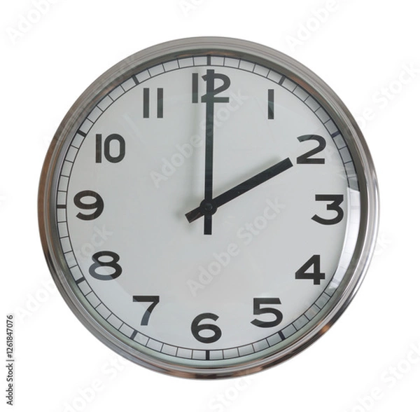 Obraz Wall hanging analog clock with white face and black number in classic vintage design which clock arm at 2 o'clock. Background isolated cutout in transparent background.