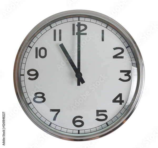 Obraz Wall hanging analog clock with white face and black number in classic vintage design which clock arm at 11 o'clock. Background isolated cutout in transparent background.