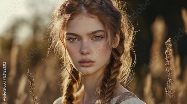 Fototapeta Bohemian Messy Braids – A model with loose, undone boho braids, subtle flyaways adding a natural touch, soft morning light with a rustic outdoor background
