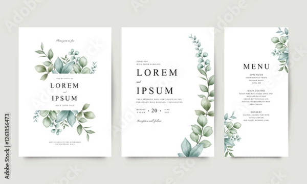 Fototapeta Wedding invitation template set arranged with beautiful green leaves