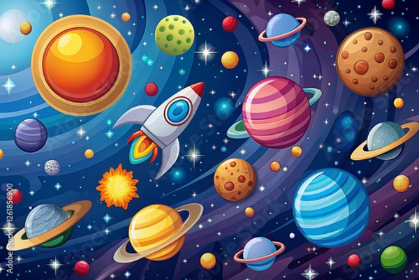 Fototapeta Rocket soaring through colorful galaxy, cosmic background, kids' educational illustration