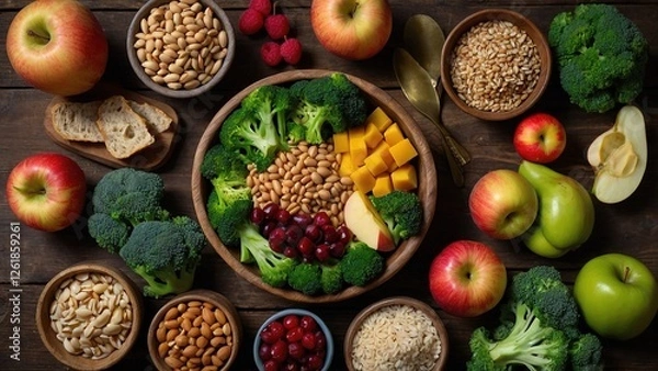 Obraz Nutrient-Packed Bowl with Raspberries, Apples, and Vegetables for a Wholesome Diet