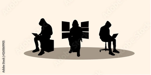 Obraz Graphic set silhouette of hacker illustration. 2D icon of man shadow dark. Cyber attack crime. vector illustration.