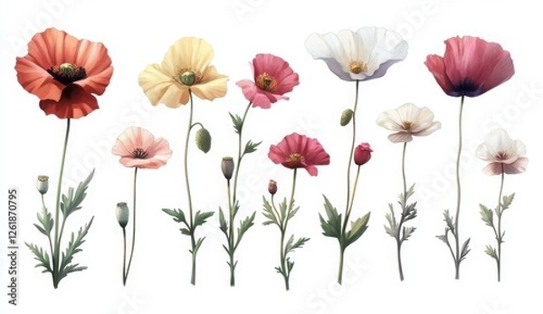 Obraz a collection of delicate poppy flowers in various shades of red, pink, yellow and white. The flowers are arranged in a row, with their stems and leaves visible.