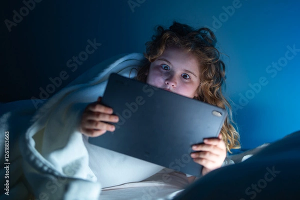 Fototapeta Child using Tablet in bed at night. Kid in pajamas using tablet before going to bed. Kid using gadgets. Child watching his tablet in bed. Kid lying on bed and surfing Internet on tablet in dark room.