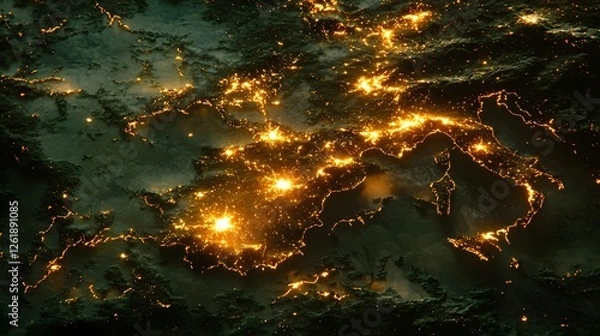 Fototapeta Aerial Night View of Europe s City Lights Illuminated Coastlines and Terrain