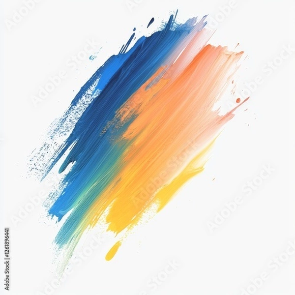 Fototapeta Abstract Brush Stroke Art with Vibrant Colors Blending Blue Orange Yellow on White Background